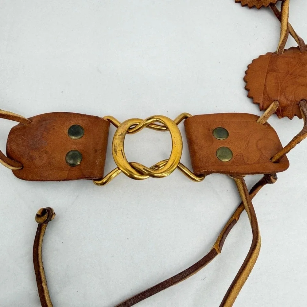 Leather Tooled Leaf Link Belt Gold Buckle Boho Western Hippie Festival SM/MD*